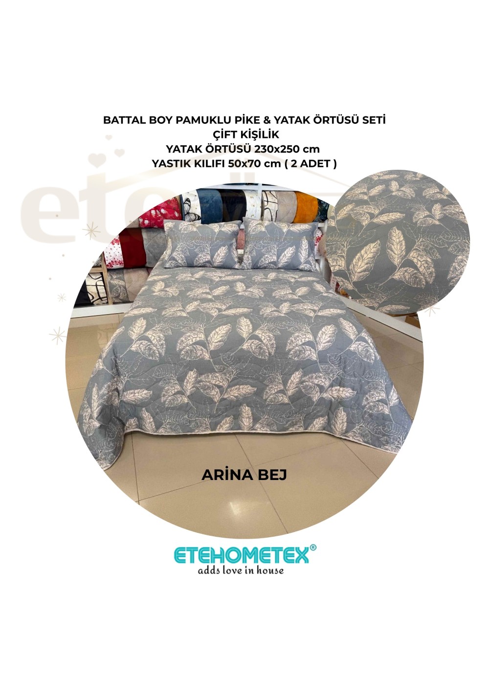 ETEHOMETEX Battal Boy Pamuklu Kapitoneli Yatak Örtüsü Seti ARİNA BEJ 8696474232098